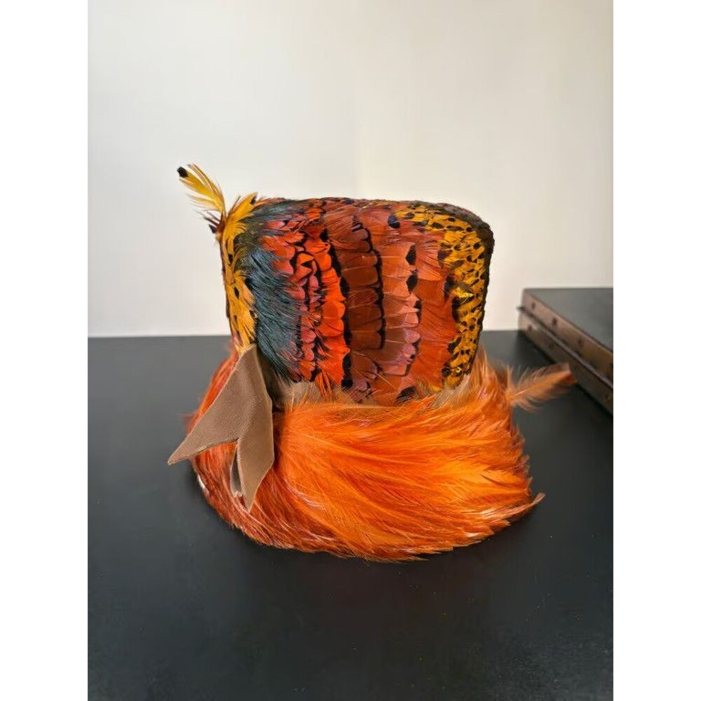 Vintage Pheasant Feather Hat Union Made USA Orange Hackle Band Milliner Ladies